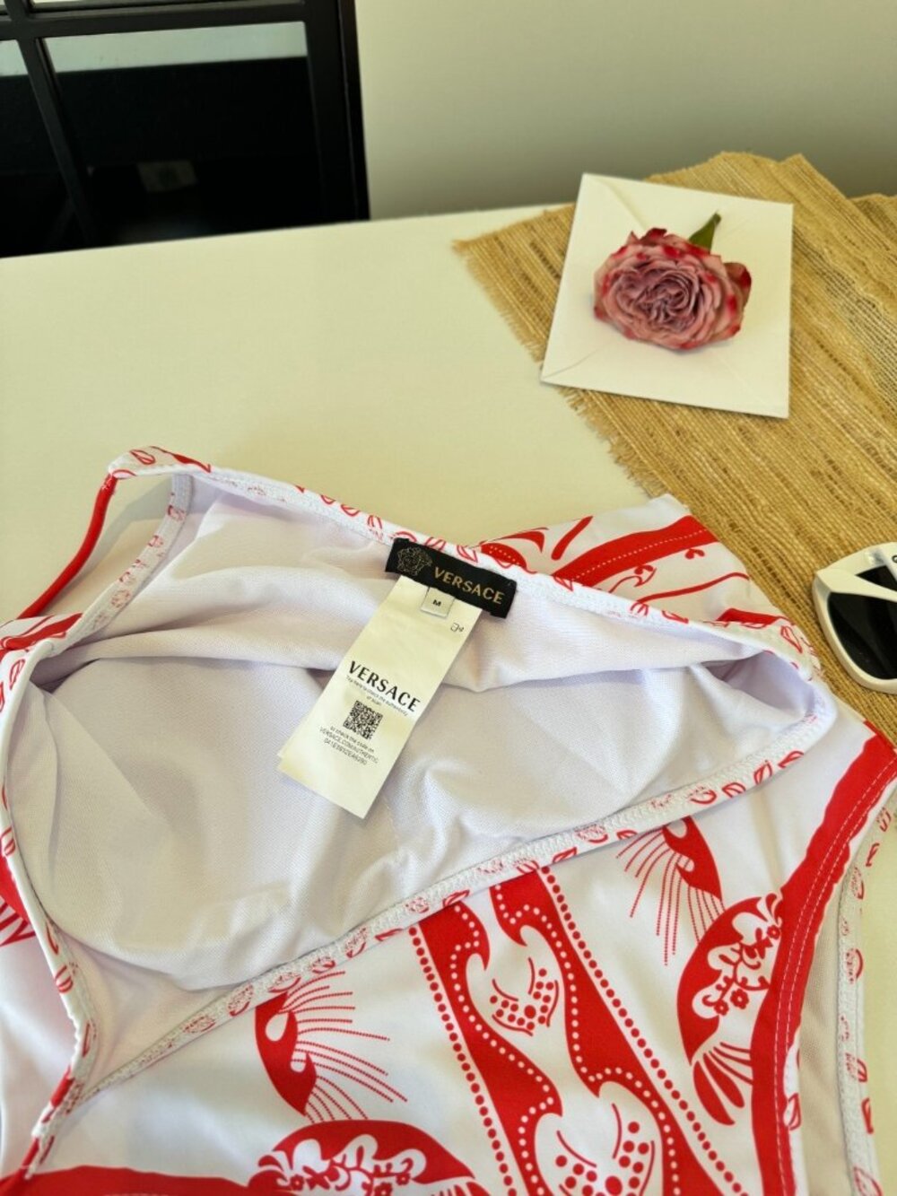 Versace Red and White Pattern One-Shoulder One-Piece Swimsuit - Picture 8 of 9